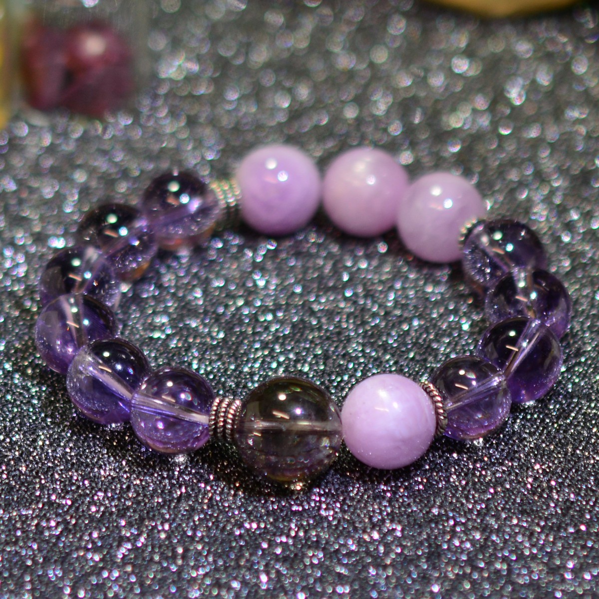 Women S925 Silver Natural Crystal Beaded Bracelet Amethyst Kunzite Super Seven