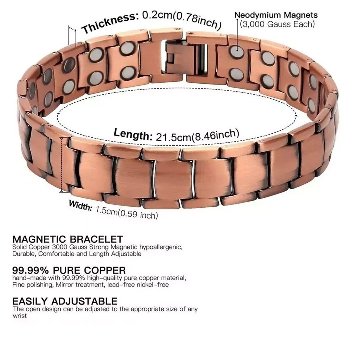 Men’s Copper Magnetic Bracelet Solid Copper Bracelets Double-Row Strong Magnets