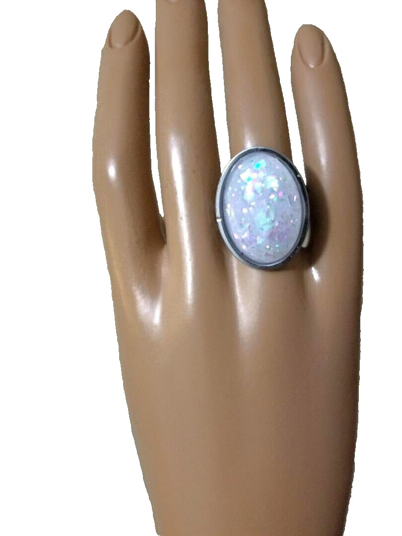 White Opal Ring – Resin Fiery Opal Ring 18 x 25mm in Double Stainless-Steel Band