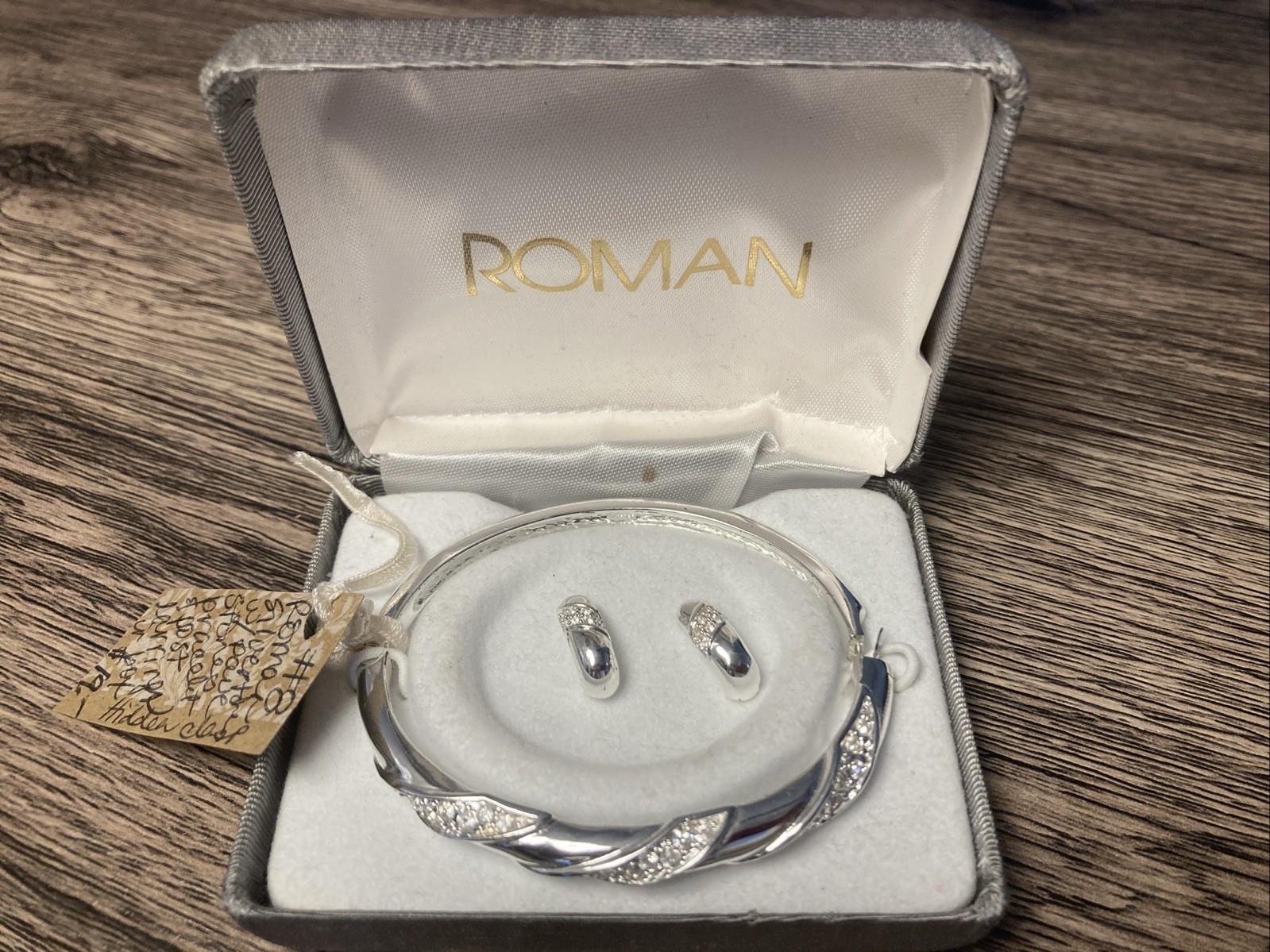Roman Silver Tone with Pave Stones Bracelet and Post Earrings In Box Never Worn