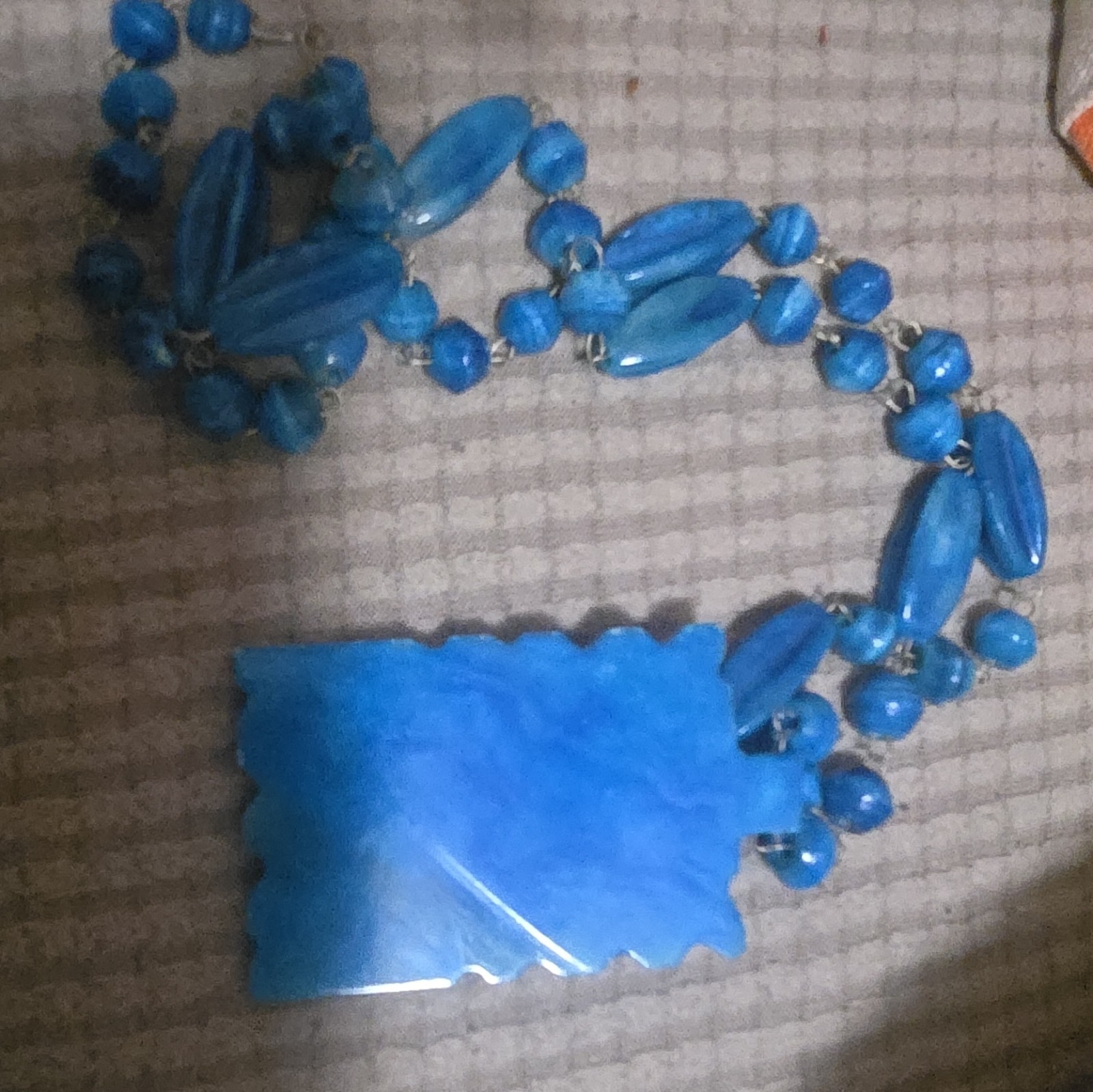 Blue Plastic Beaded Necklace with Rectangle Pendant, No Stone