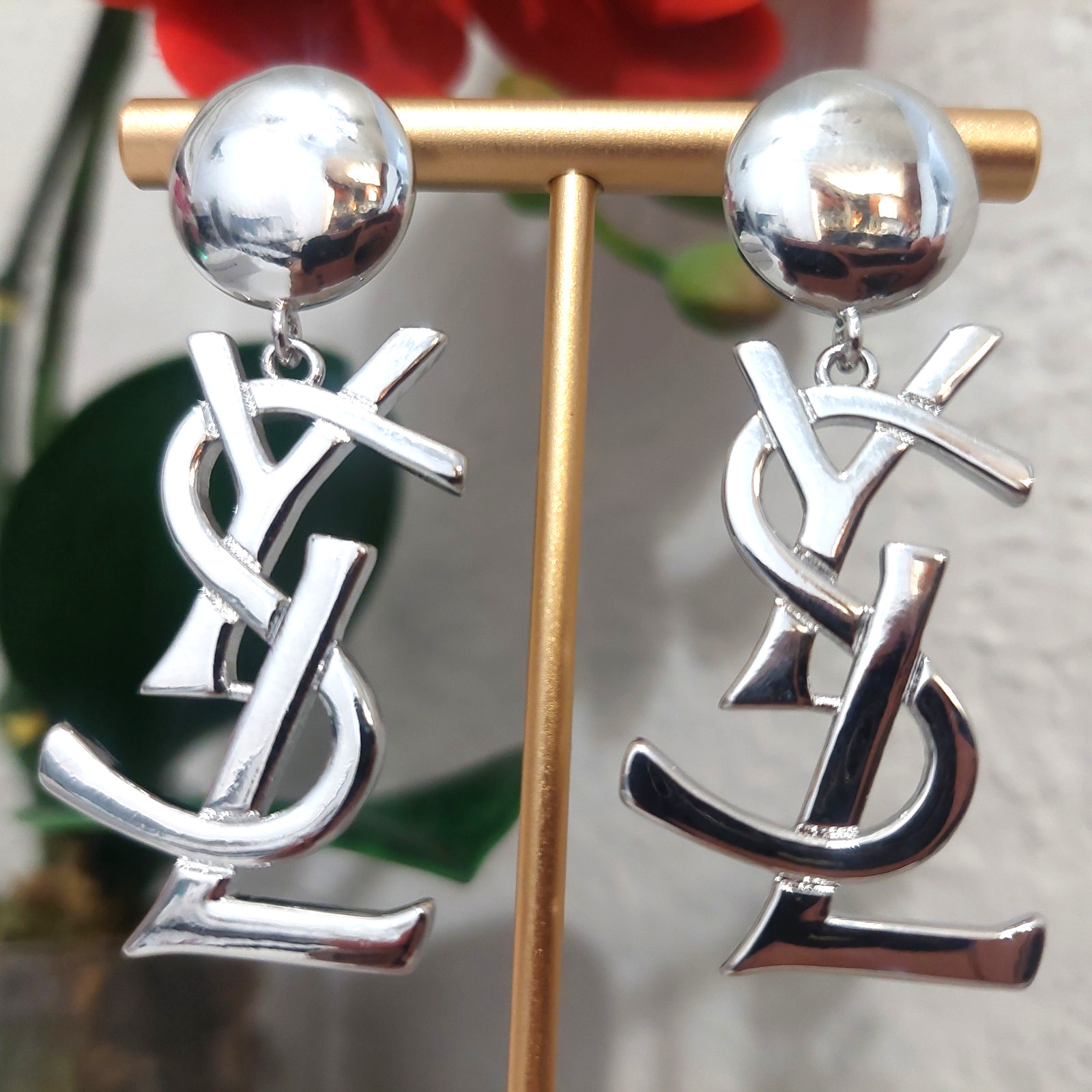 Auth. YVES SAINT LAURENT YSL Dangle Drop Large LOGO EARRINGS Silver Tone