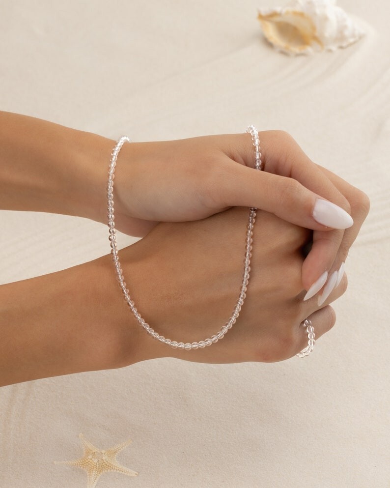 Natural A++ Rock Crystal Smooth Round Gemstone Beads Women Choker Necklaces 18”