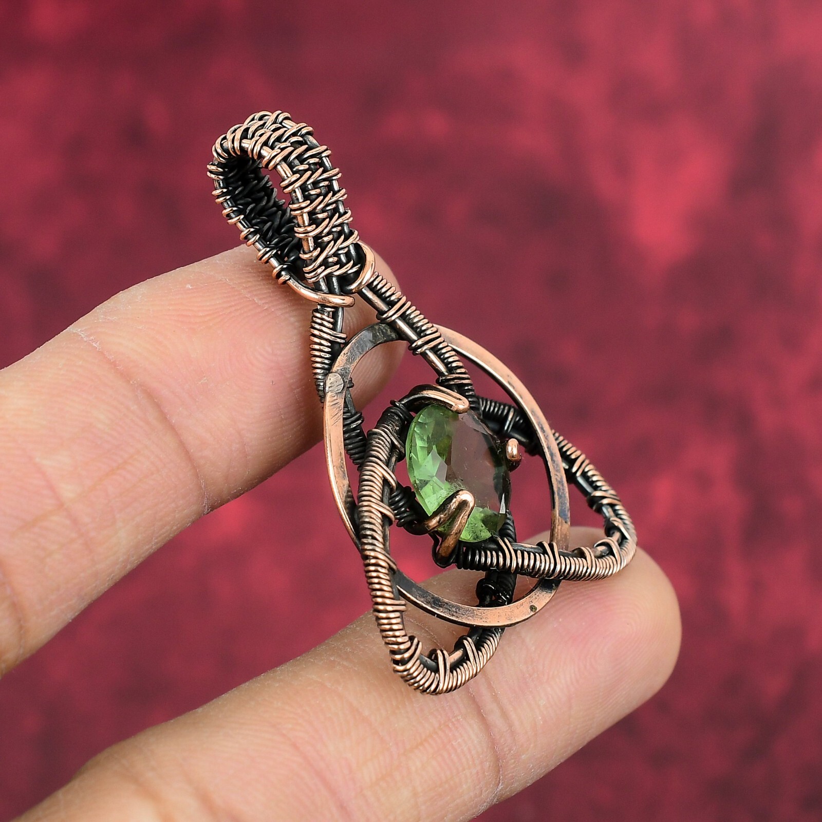 Faceted Green Amethyst Gemstone Pendant Handmade Copper Wire Wrapped Jewelry