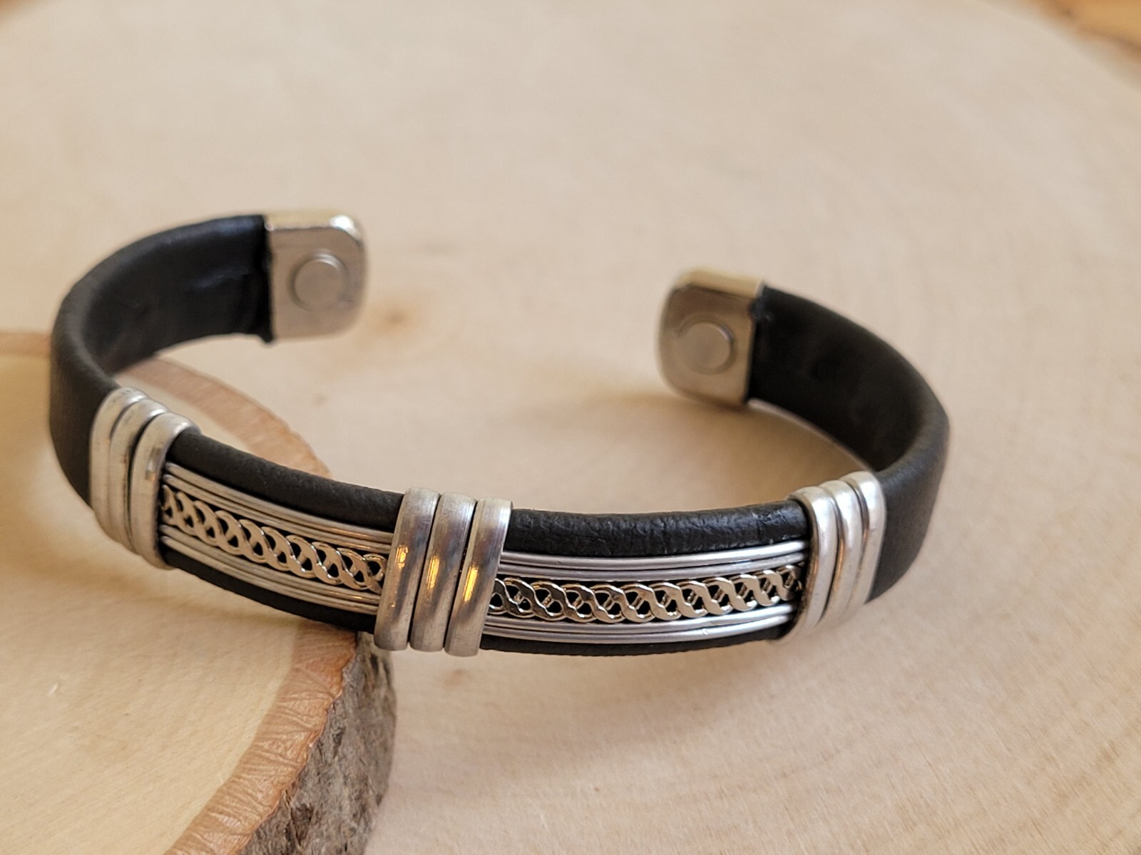 Solid Copper Leather Wrapped Magnetic Bracelet Men Women Energy Pain Silver Mesh