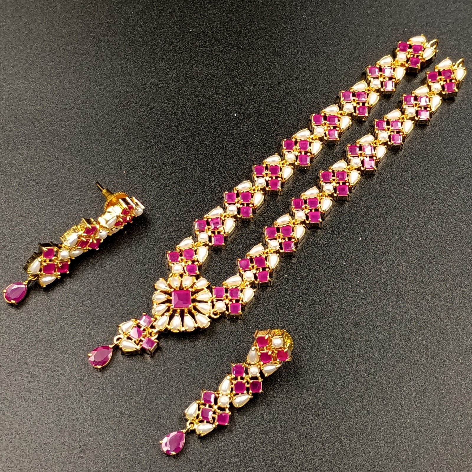 Ruby Pearl Jewelry Set 22K Gold Plated Necklace Earrings Set Wedding Partywear G