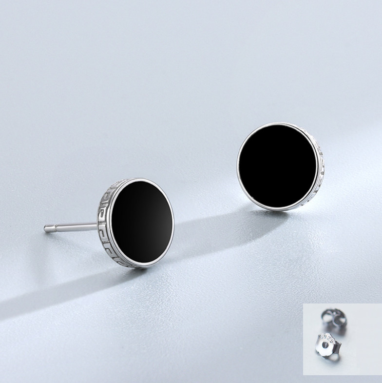 Women Men Sterling Silver Black Enamel Round Stud Post Earrings 8mm Gift Box I84