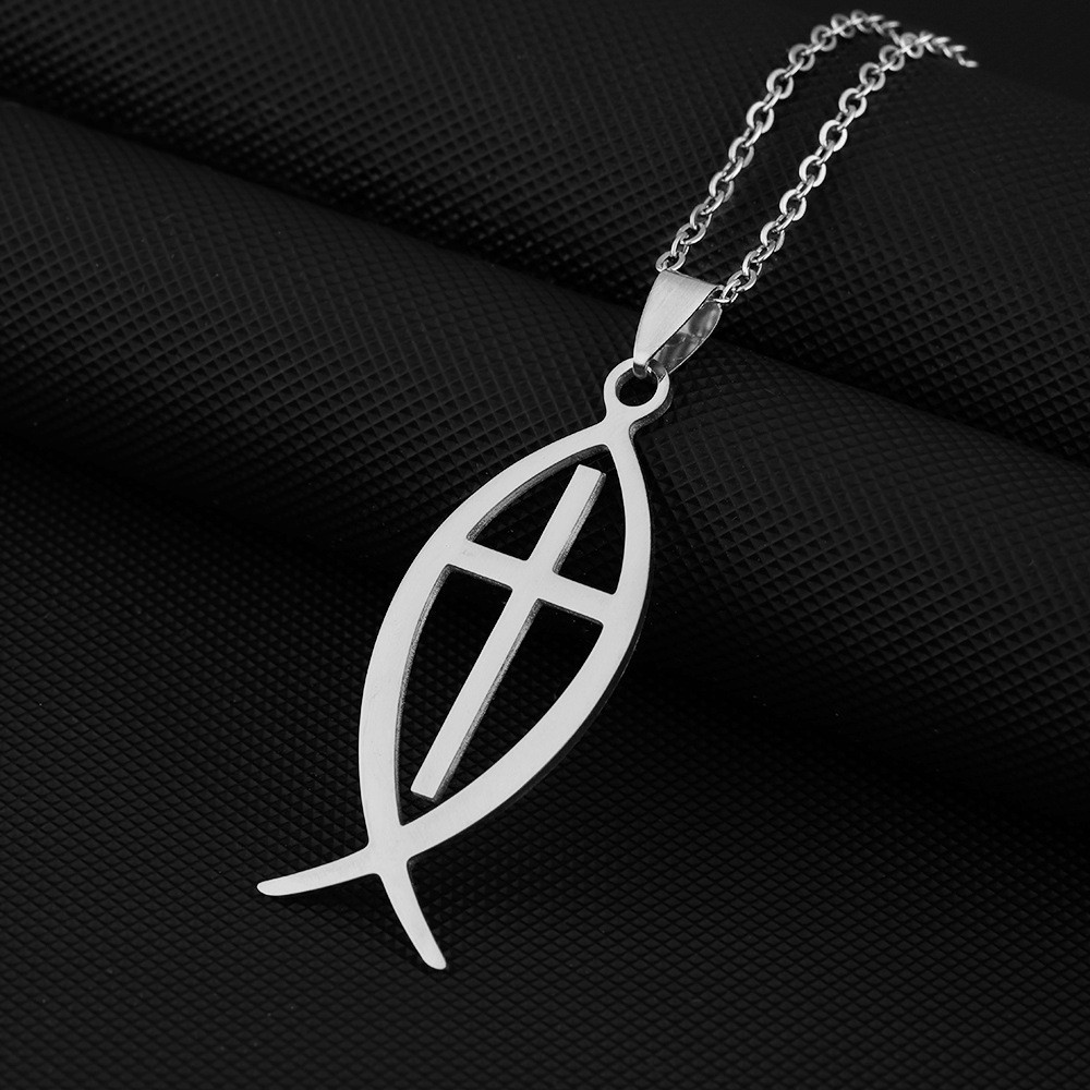 Stainless steel Christian Faith Symbol Fish Hollow Cross Pendant Necklace Gift