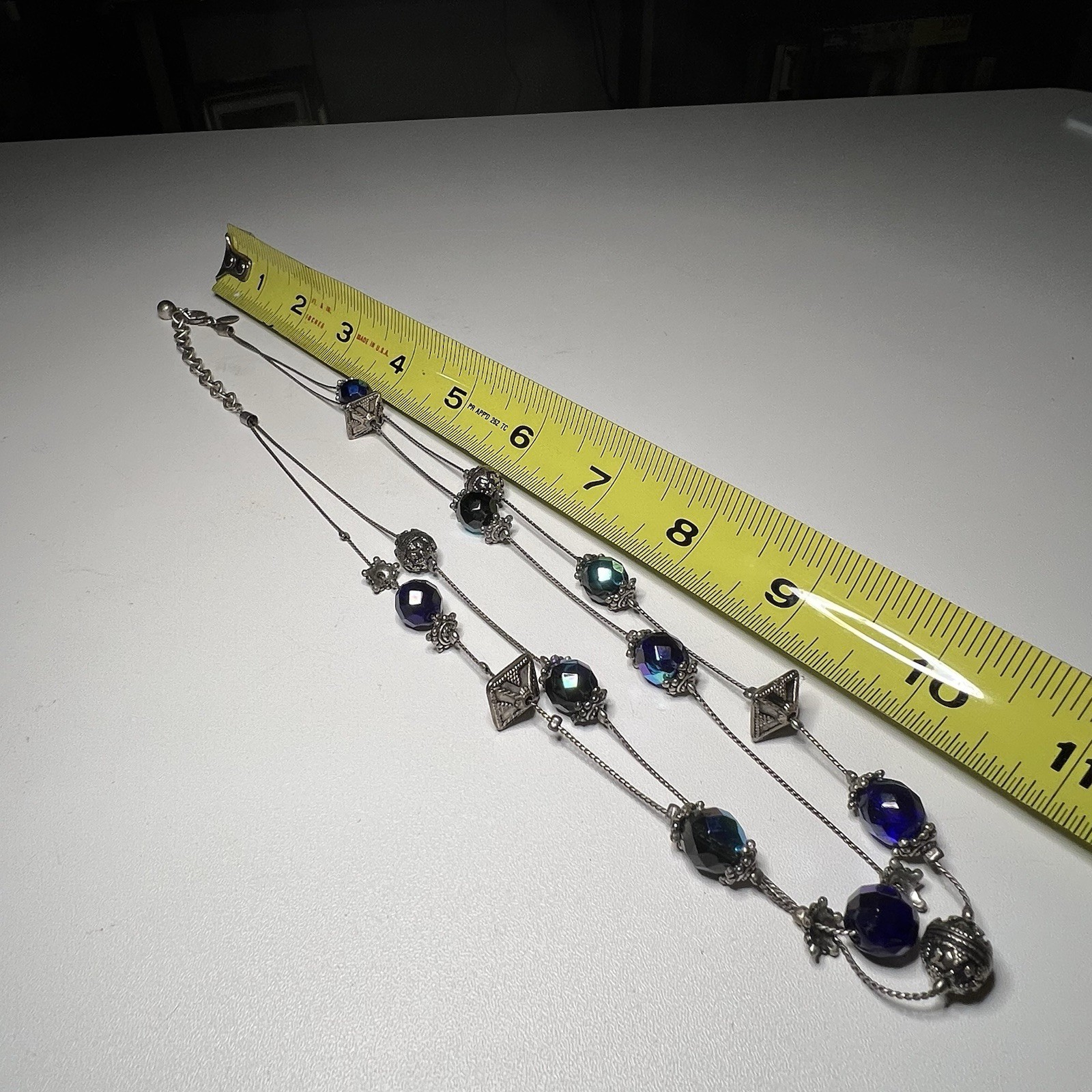 Chico’s Blue Stone Silver Tone Bead Necklace 3 Strand 18″ Long 2.5″ Extender