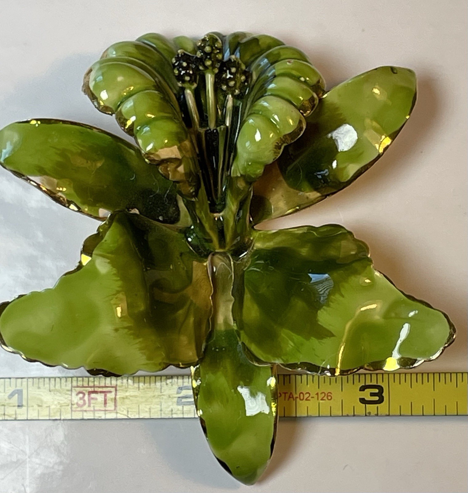 Green Enamel Lily Flower Brooch Gold Rimmed and Gold Tone Metal Pin Closure