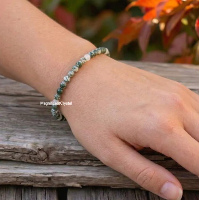 AAA Grade Natural Moss Agate 4mm Stretch Bracelet Growth Healing Crystal Jewelry