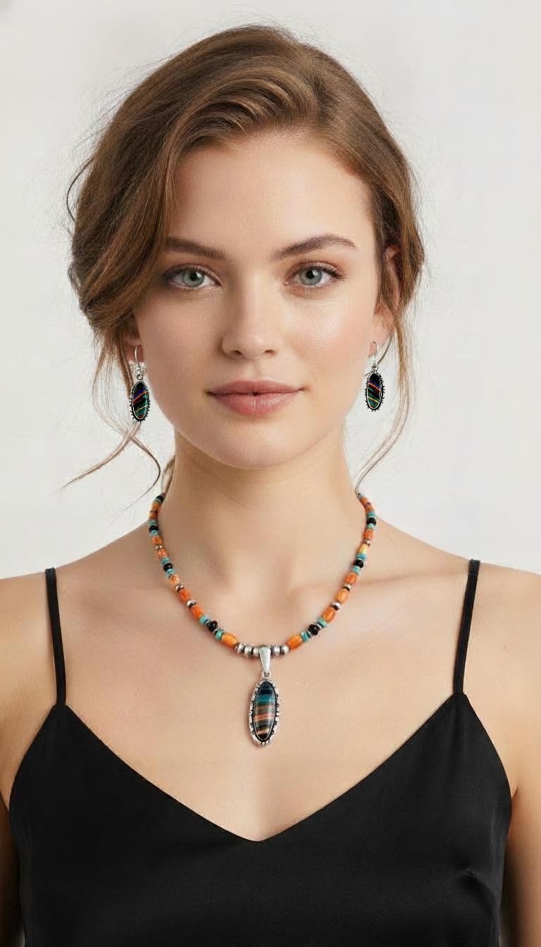 White Fox Multi Gemstone Necklace with Rainbow Calsilica Pendant