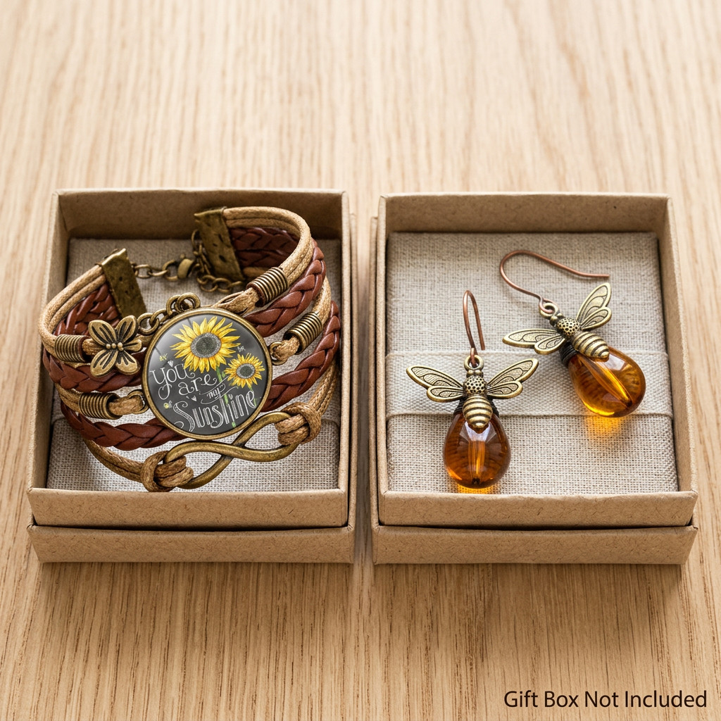 Sunflower Boho Bracelet & Bee Earrings Set Women Gold Tone Vintage Gift Bundle