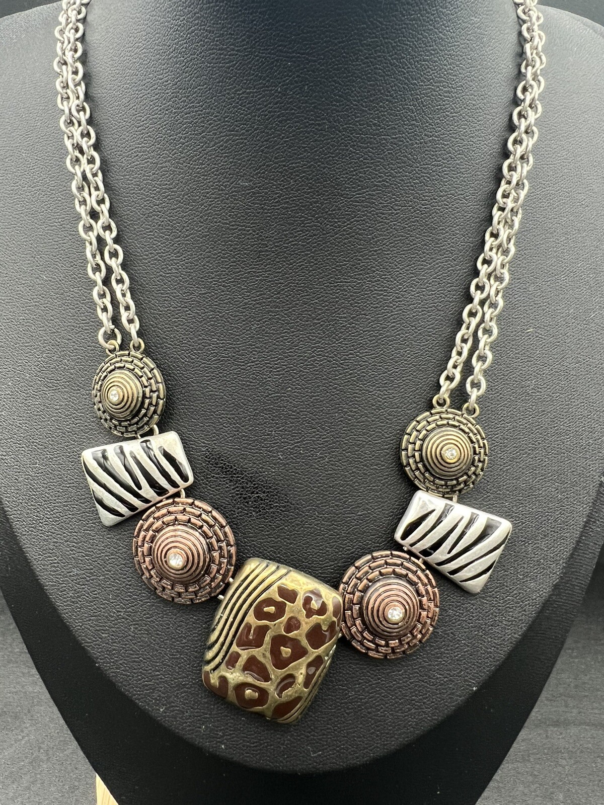 Double Chain Silvertone Animal Print Metal Charms 16” + 2.5” Extender
