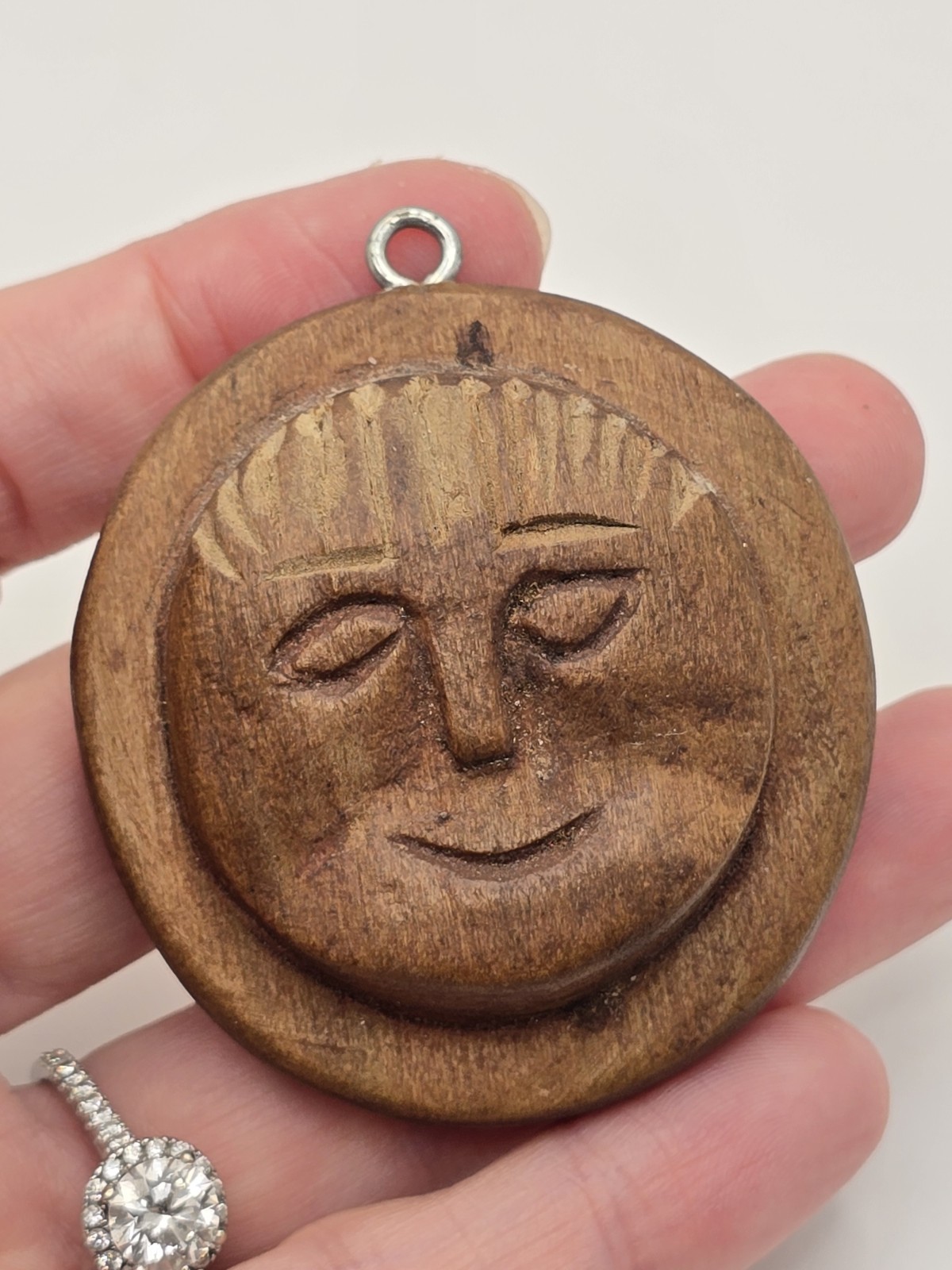 Vintage Handmade Folk Art Carved Wood Relief Wooden Moon Face Necklace Pendant