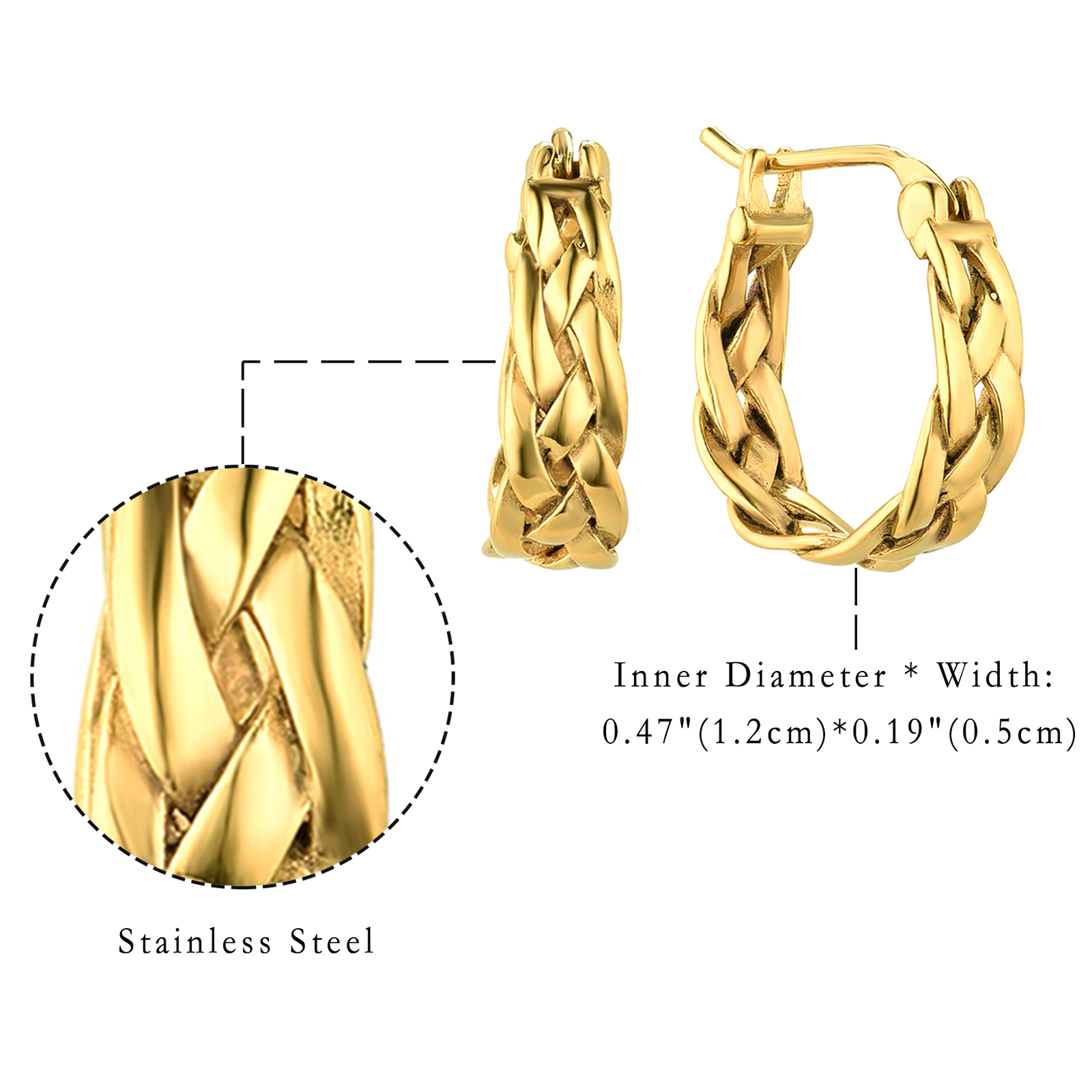 Stainless Steel Braided Small Hoop Huggie Earrings Thick Chunky For Men Women