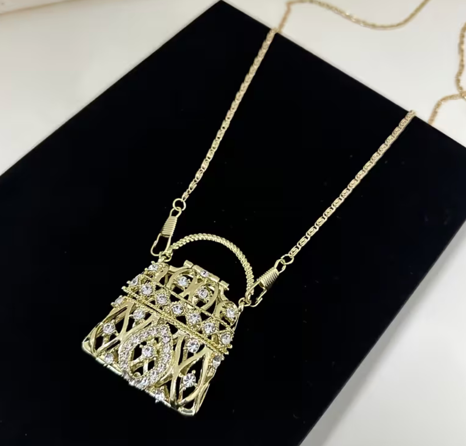 Mini Crystal Purse Pendant Necklace Gold Tone Long Chain Crossbody Handbag Charm