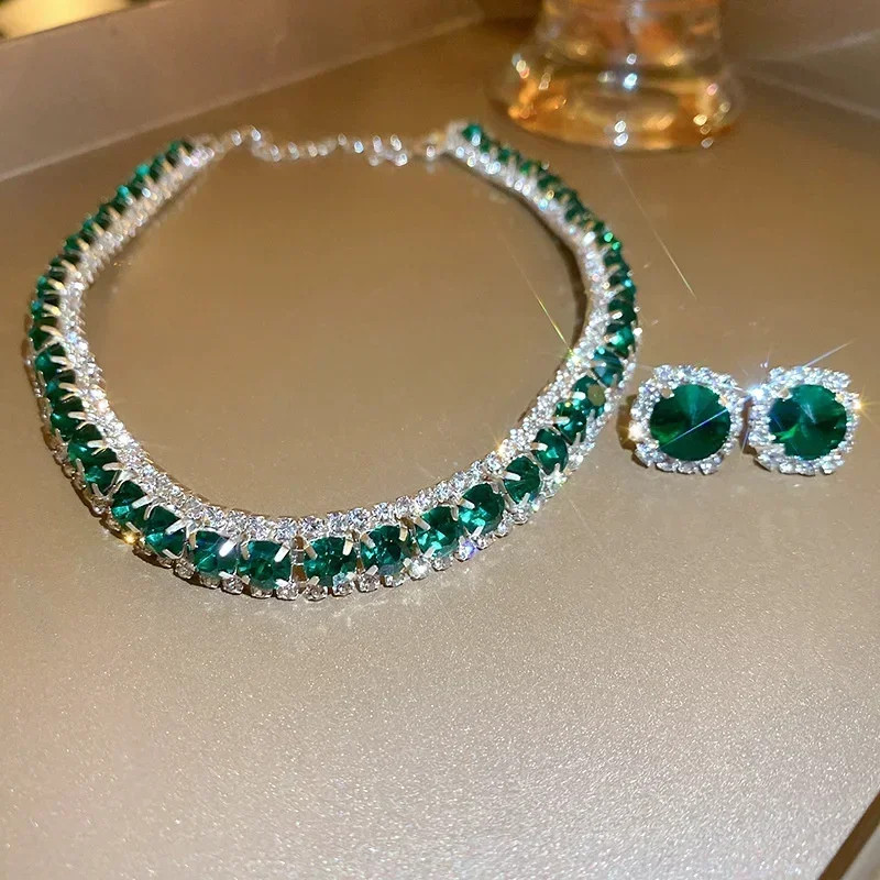 Luxury Crystal Necklace Earrings Set Champagne Green Blue Black Necklace