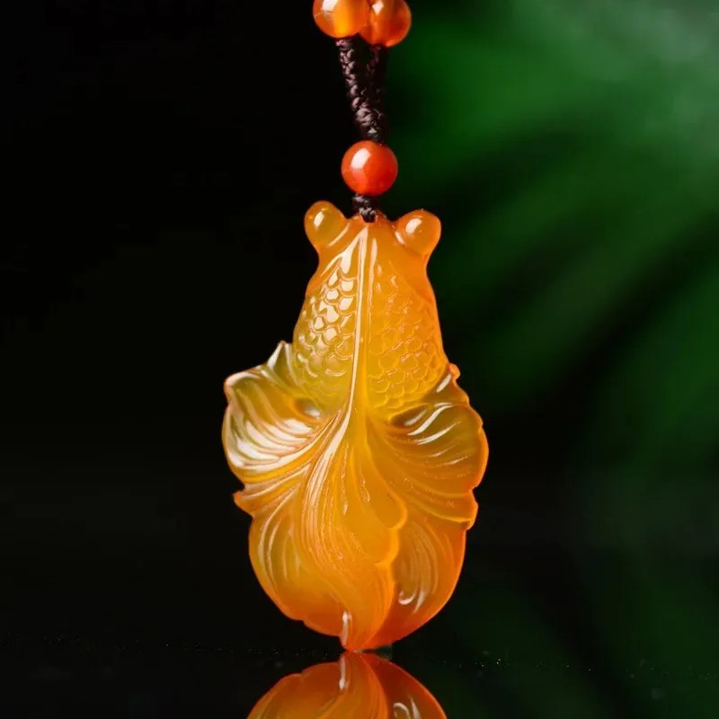 Natural Chinese Chalcedony Hand-carved Gold Fish Necklace Jade Pendant Jewelry
