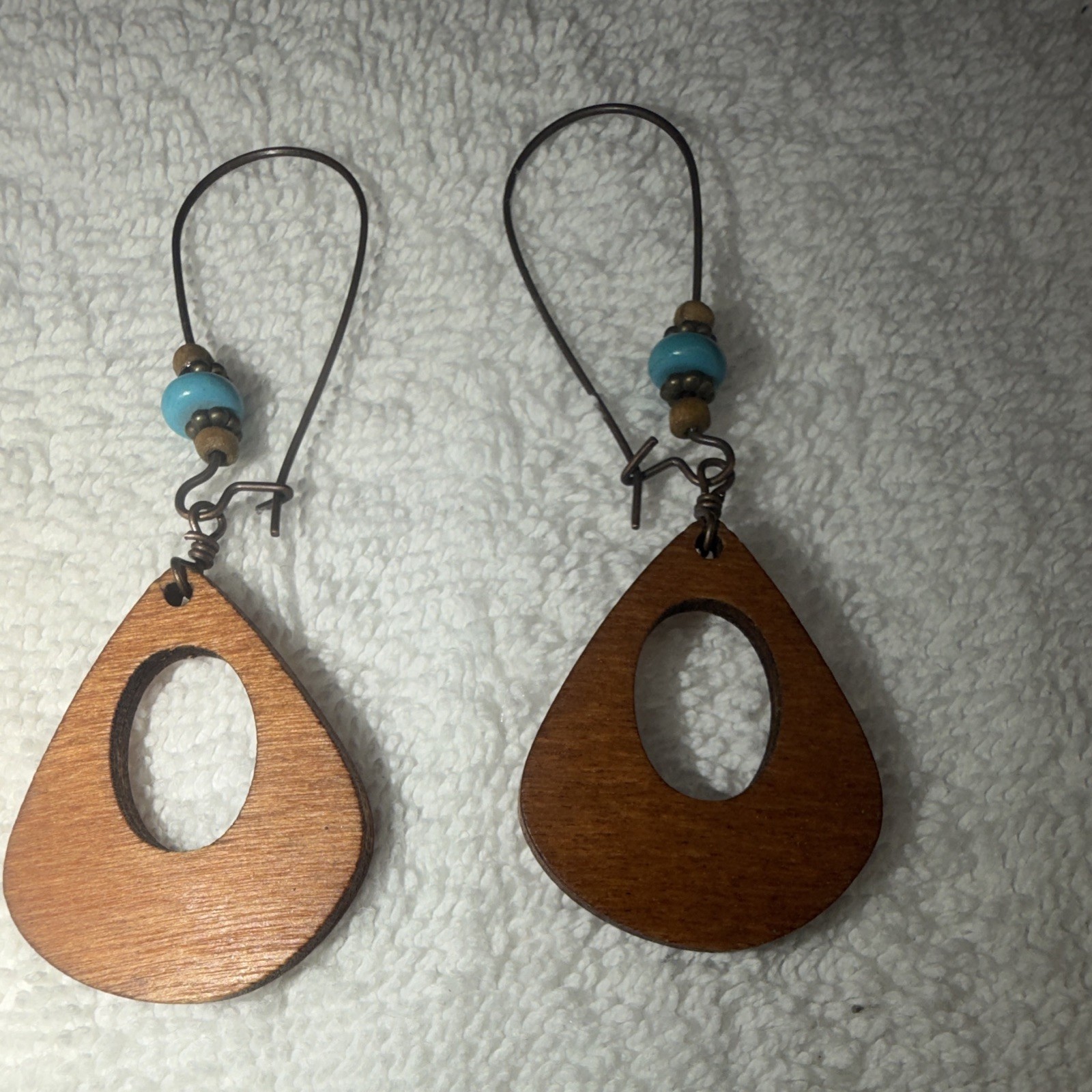 Teardrop Dangle/Drop Hook Earrings Blue Beaded Accent Brown Wood/Metal No Stone
