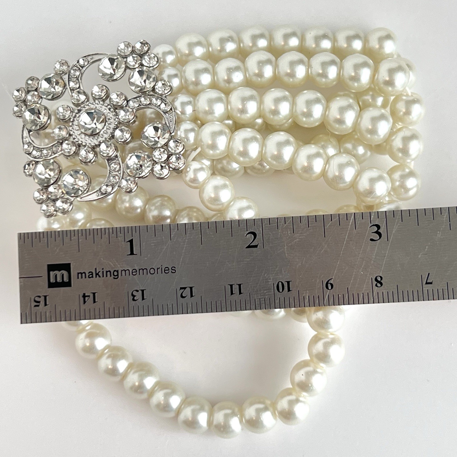 Costume Pearl 30 In Necklace & Bracelet And Drop Earrings With Rhinestones