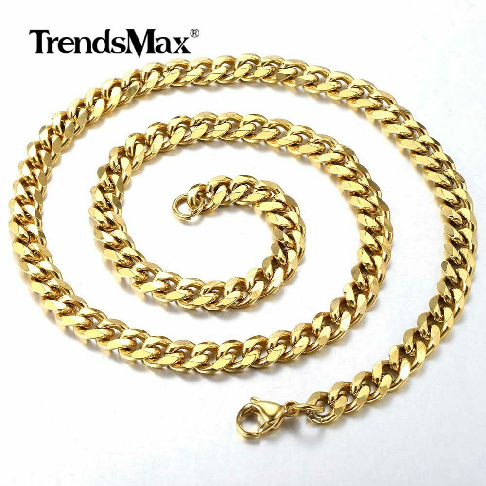 7mm Gold Plated Stainless Steel Bracelet & Necklace Jewelry Set Cuban Curb Chain