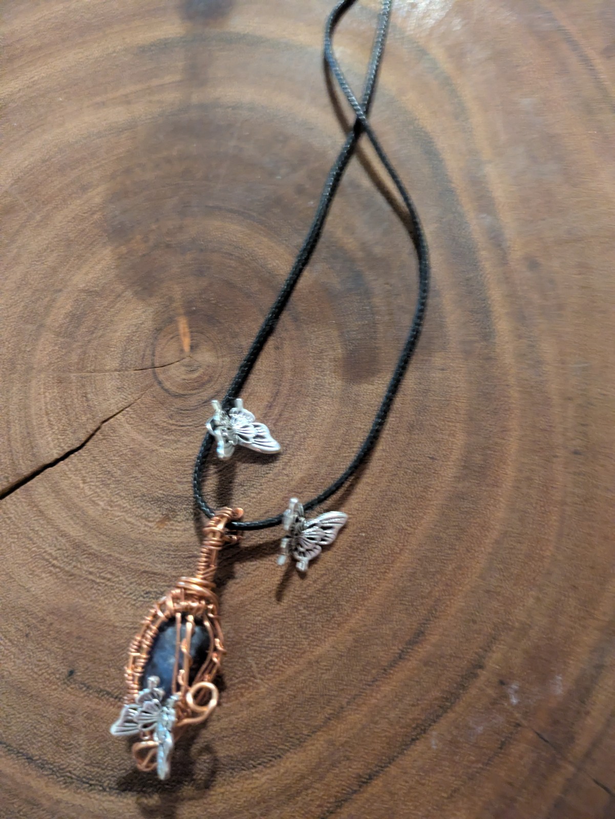Copper Wire Wrapped Butterfly Charm Pendant Necklace on Black Cord No Clasp
