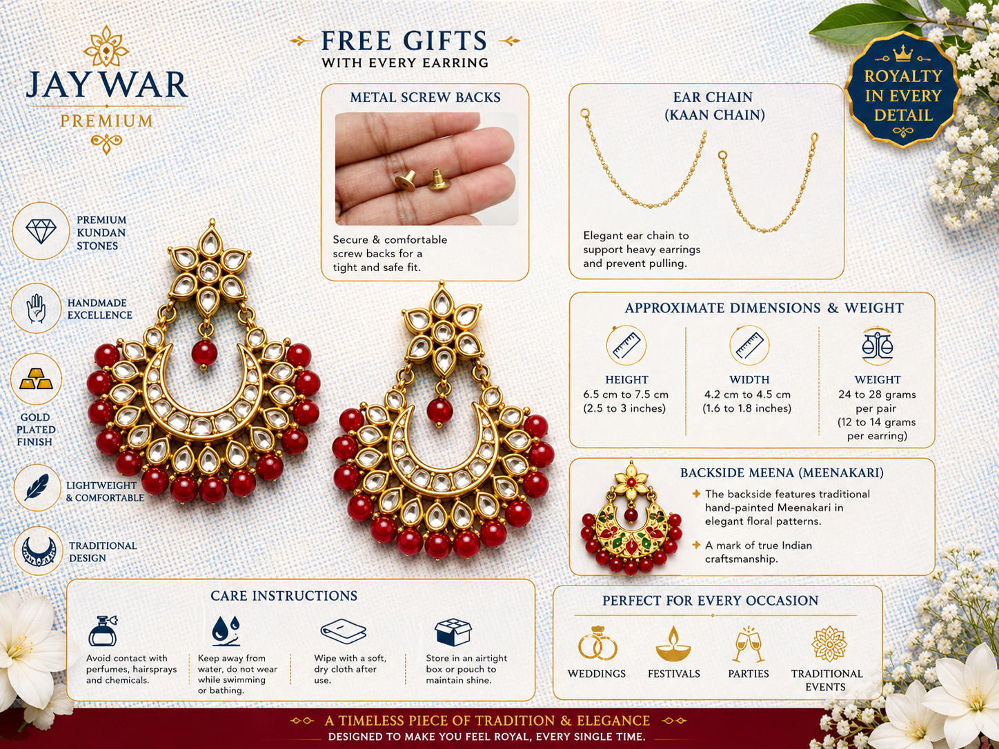 JAYWAR Premium Kundan Chandbali Earrings Meenakari Back Bridal Jewelry Gold Tone