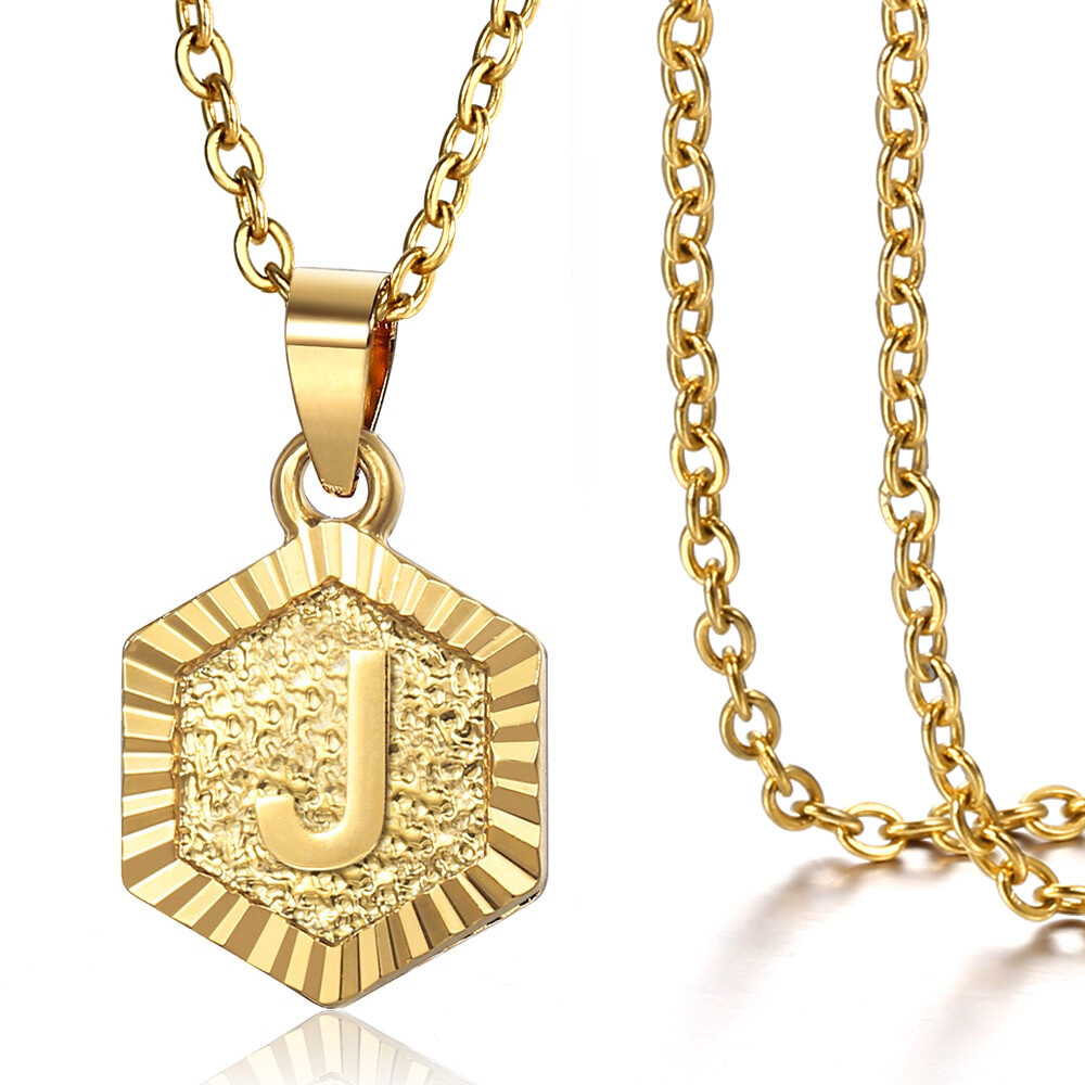 Hexagon Gold Plated Initial Necklace Letter Pendant Multi Chain Women Men Unisex