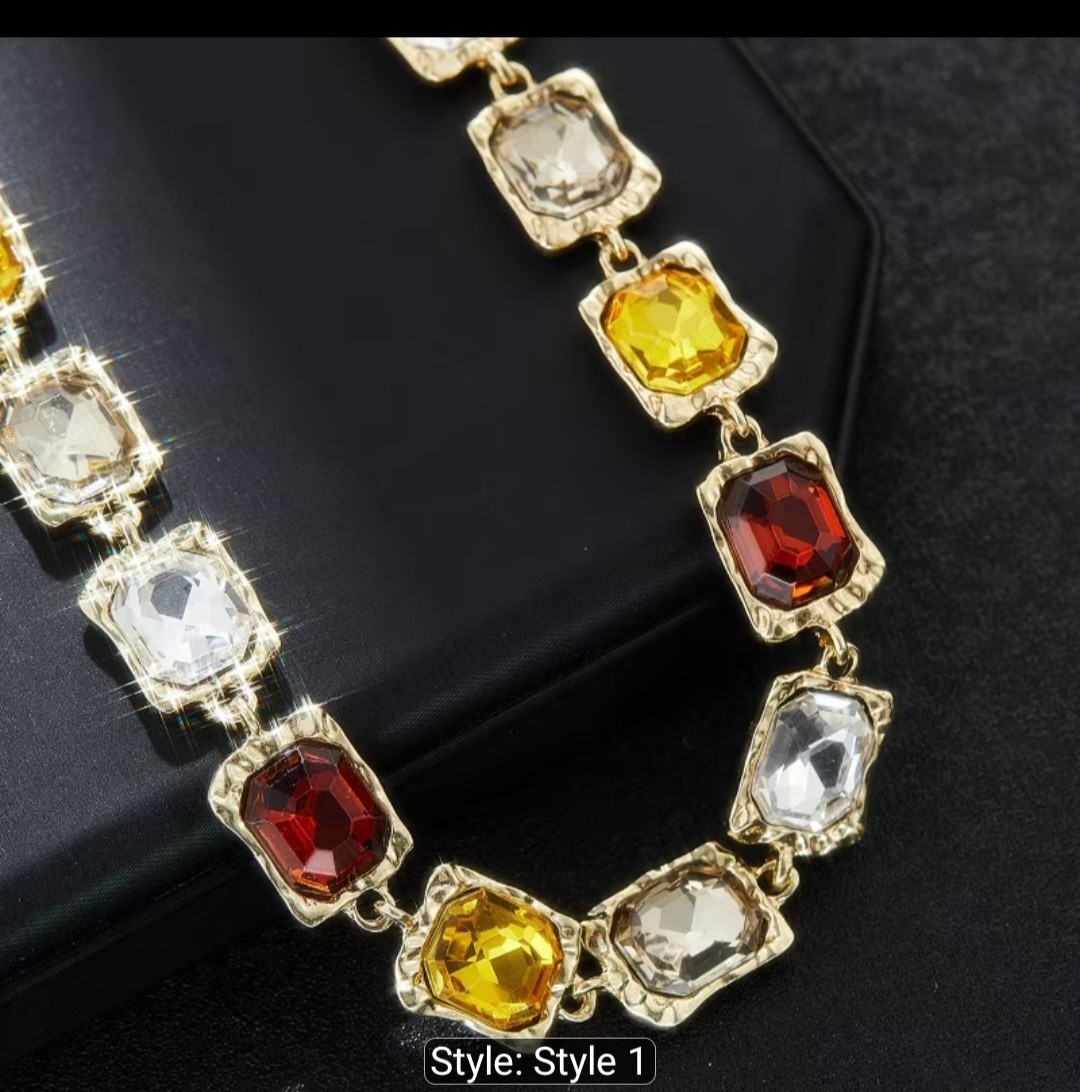 Gold Tone Multicolor Cushion Crystal Necklace & Dangle Earrings Jewelry Set