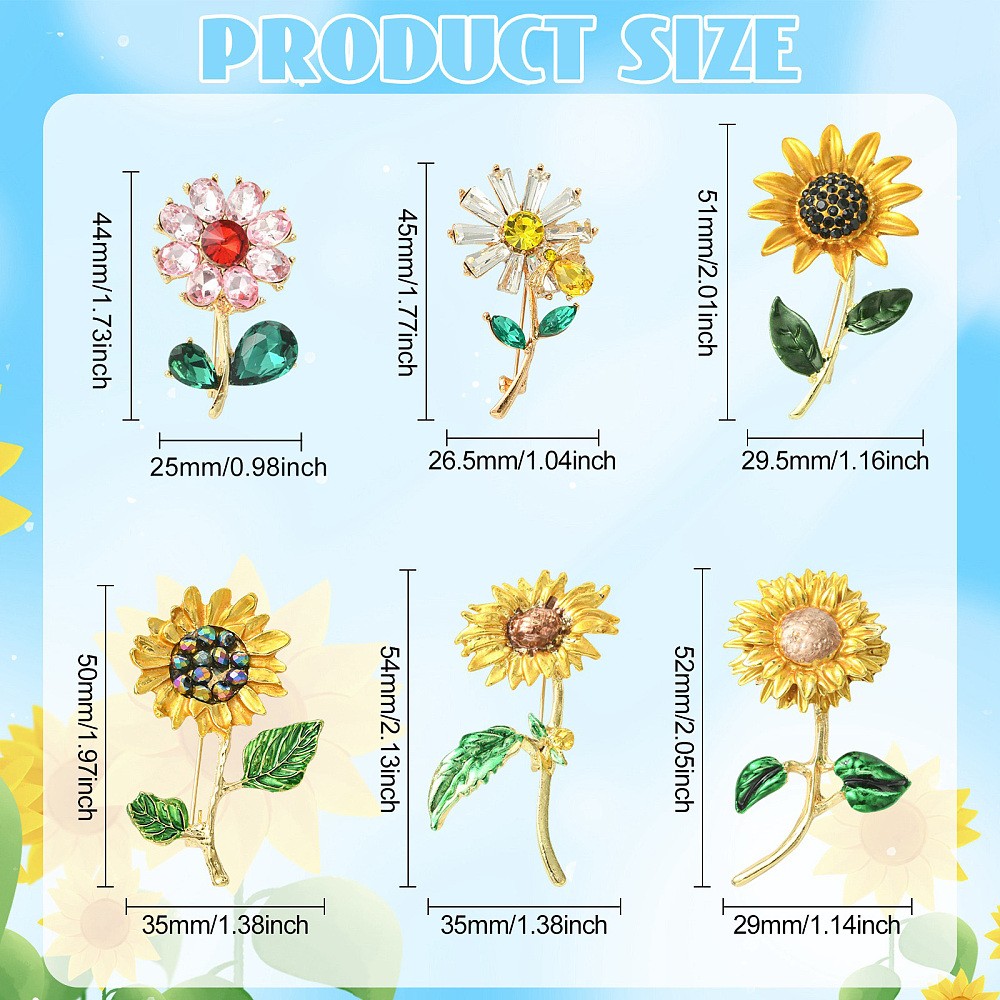 6pcs Sunflower Zinc Alloy Lapel Pins Gold Flower Brooches for Backpack Clothes