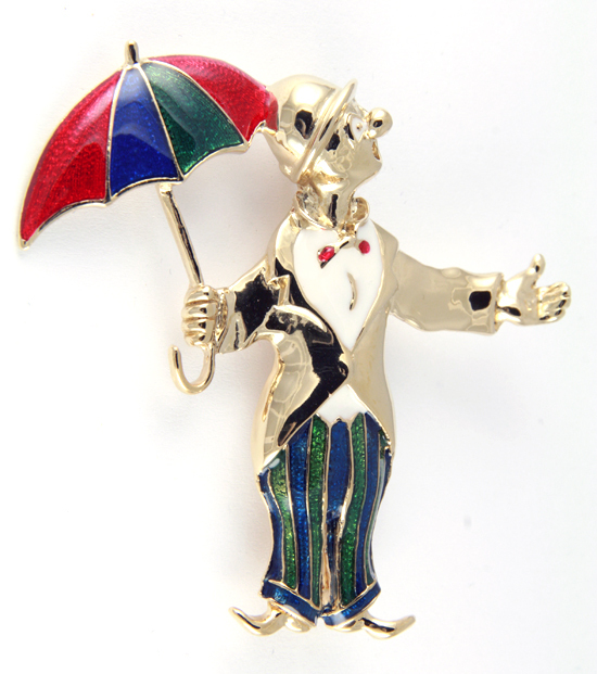 NEW CLOWN WITH RED GREEN BLUE UMBRELLA GOLD PLATED PIN BROOCH