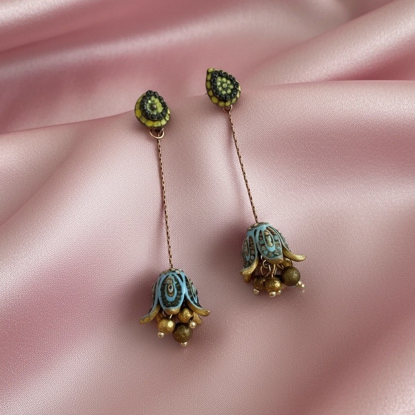Museum Flower Earrings Filigree Art Nouveau VTG Gold Antique Bell Boho Chain CZ
