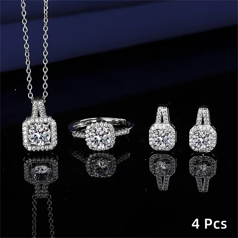 4PCS Cubic Zirconia Jewellery Set Necklace Earrings Ring Daily wear Wedding Gift