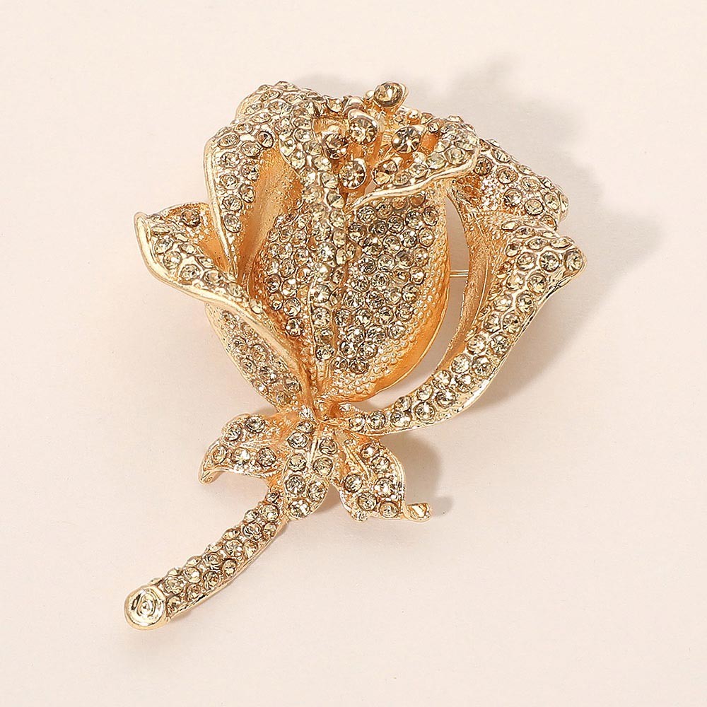 2PCS Gold Silver Rhinestone Rose Flower Brooch Pin Crystal Floral Lapel Badge