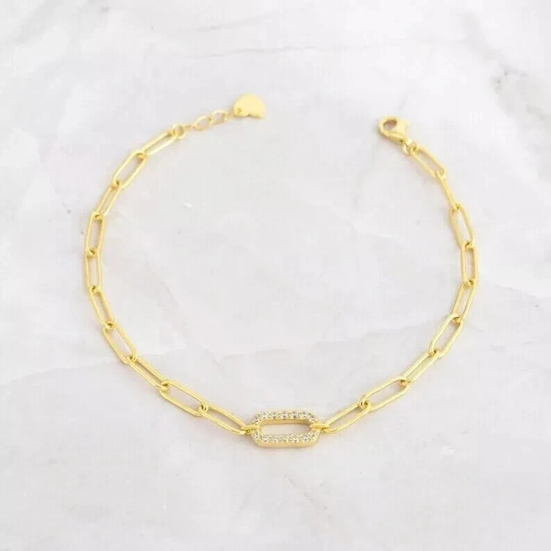 1Ct Round Cut Simulated Diamond Women Paper Link Bracelet 14K Yellow Gold Plated
