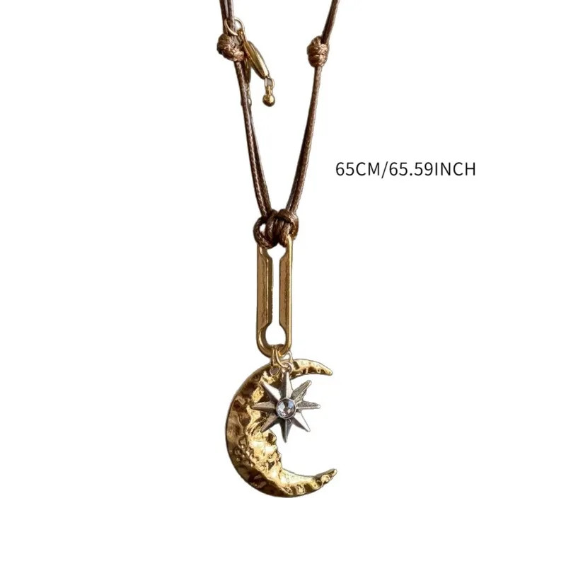 Vintage Gold Color Moon Star Pendant Necklace for Women Brown Leather Cord Adjus