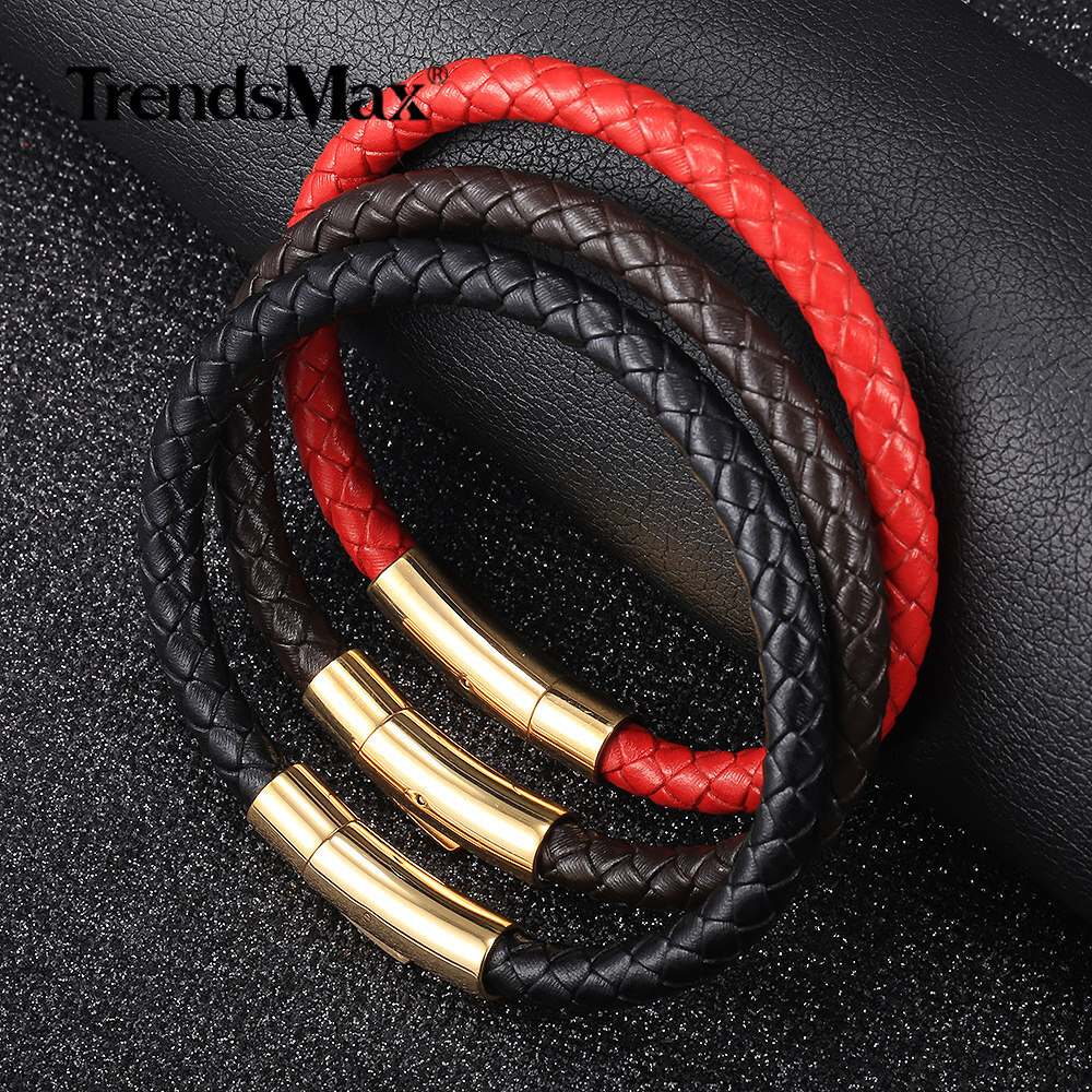 4/6mm Red/Brown/Black Braided Leather Rope Bracelet Stainless Steel Gold Clasp