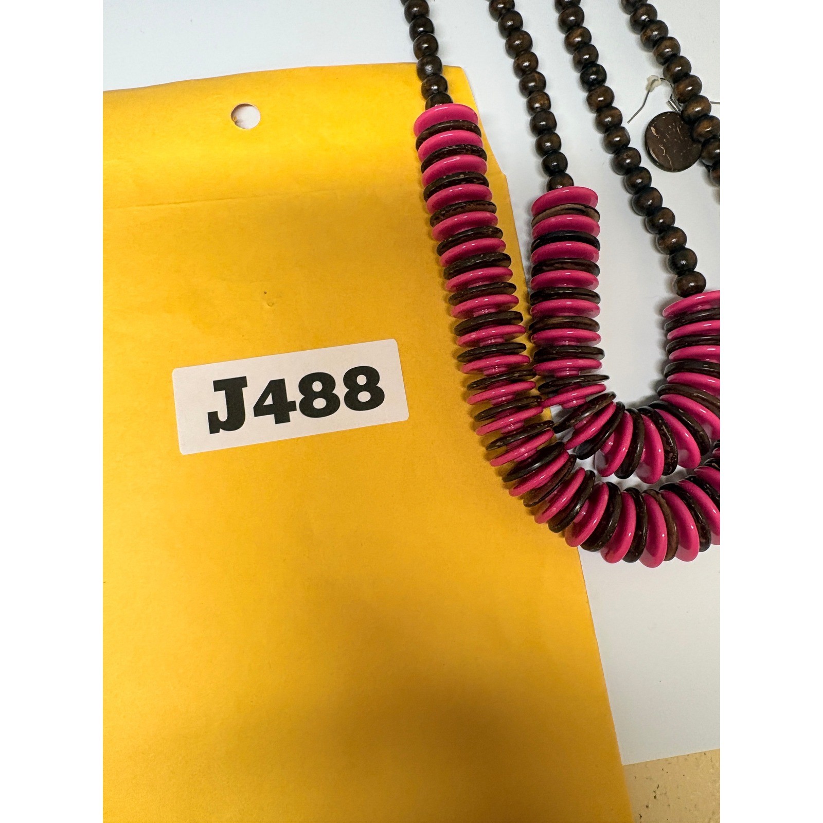 Pink Brown Wood Bead Double Strand Necklace and Disc Earring Set Boho Tropical