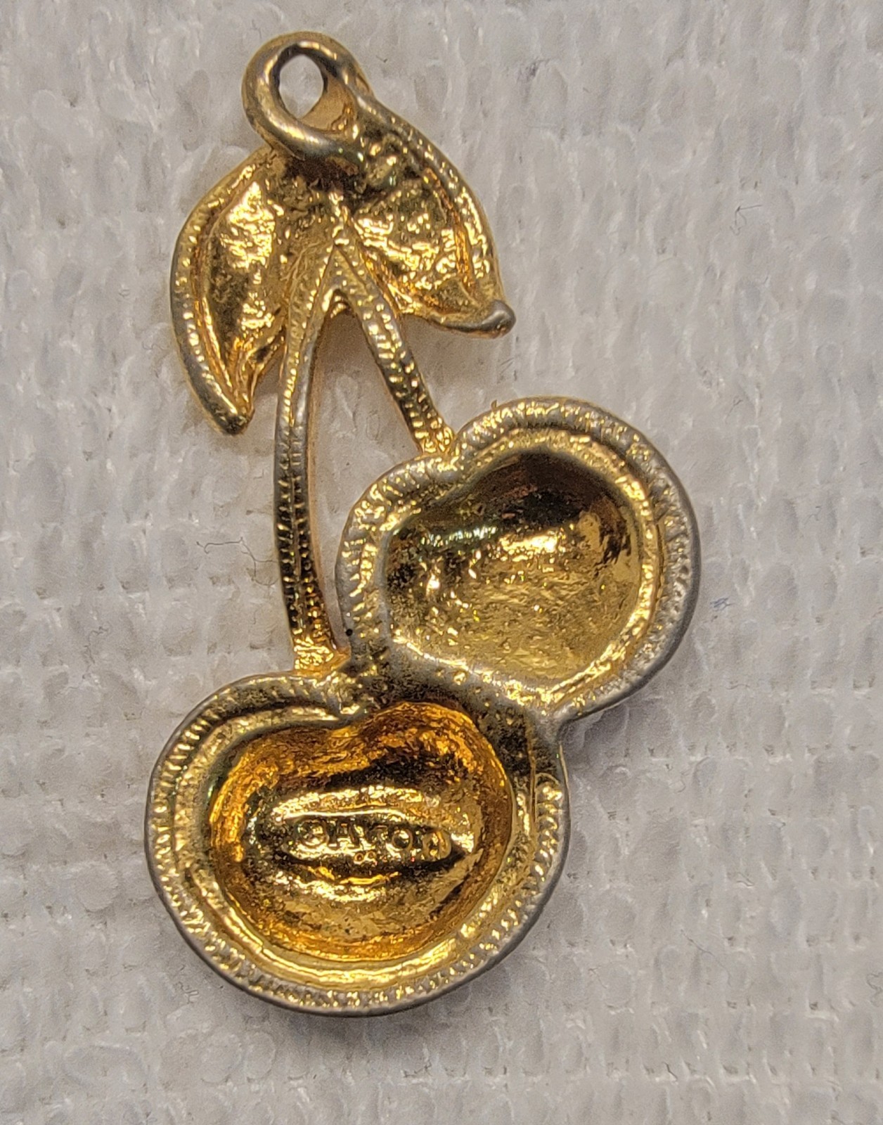 Avon Gold Tone Red Enamel Cherry Pin Brooch, Signed, Fruits & Vegetables, 1.5 in