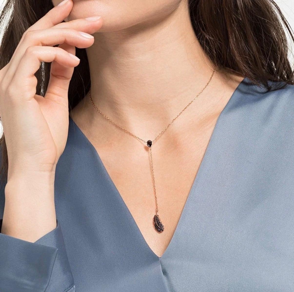 NEW Swarovski Crystal Feather Y Necklace Black Crystal Rose Gold Tone 5495299
