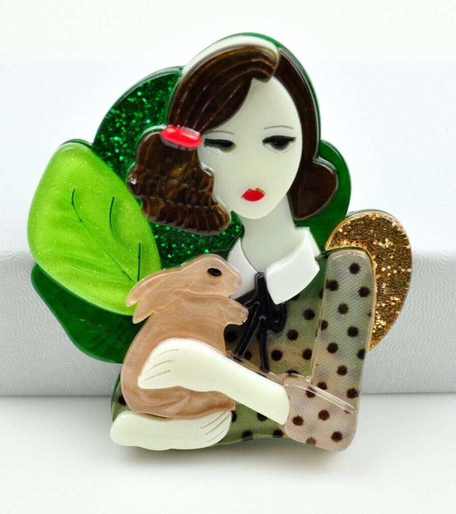 Acrylic brooches Lady holding a bunny brooch Pin Fashion Jewelry Gift for her