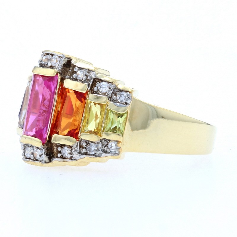 Sterling Multi-Color Synthetic Sapphire & CZ Ring 925 Gold Pltd 3.11ctw Sz 5 3/4