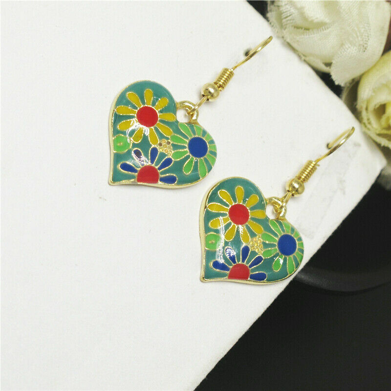 Cute Gold Green Multicolor Enamel Flower Heart Charm Hook Dangle Drop Earrings