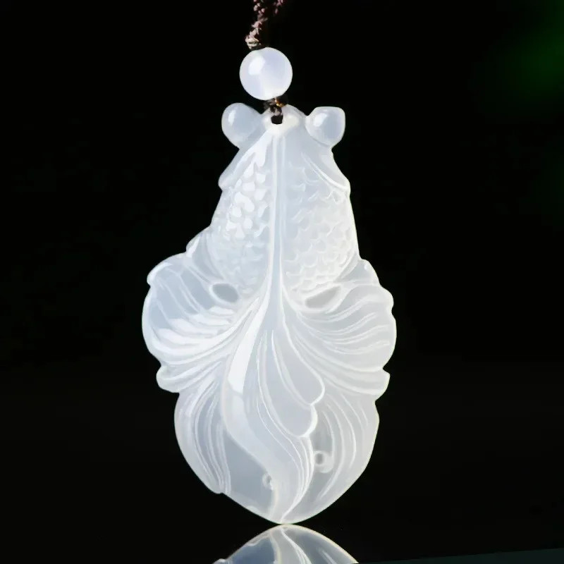 Natural Chinese Chalcedony Hand-carved Gold Fish Necklace Jade Pendant Jewelry