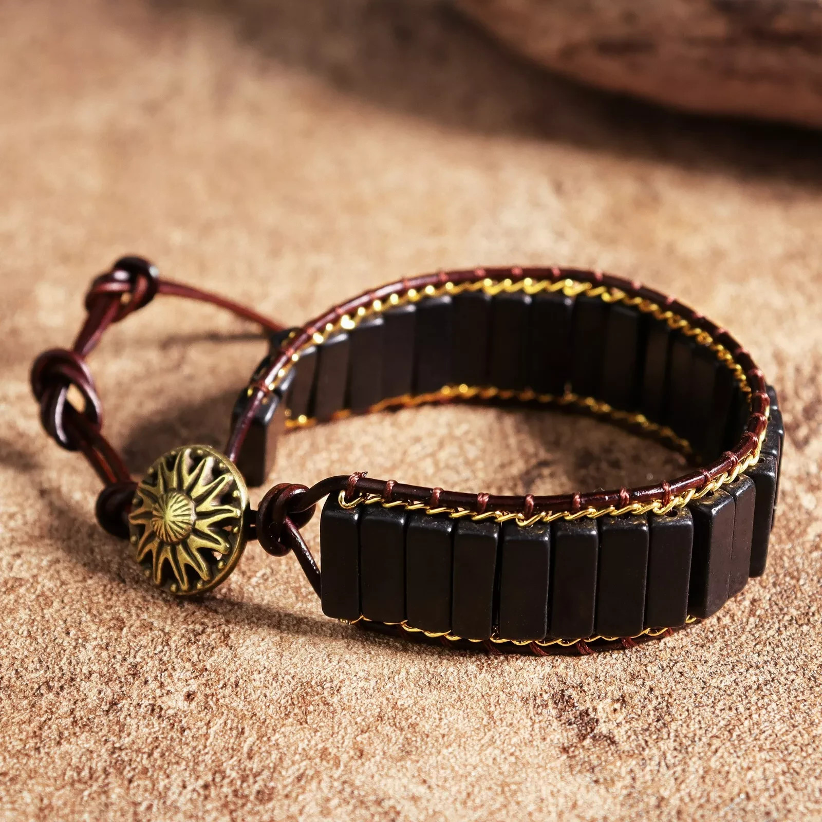 Natural Black Tourmaline Bracelet Tube Beads Healing Crystal Leather Bracelet