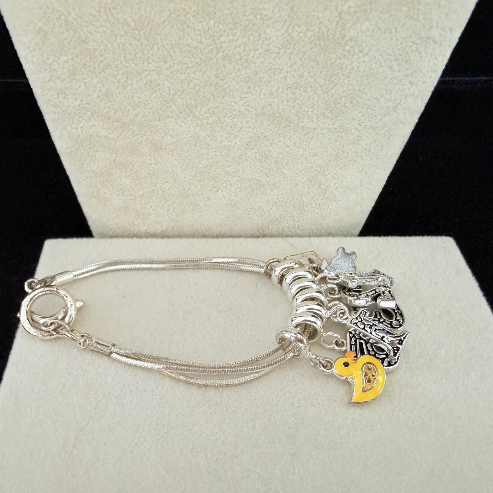 ADORABLE GREEN RHINESTONE & YELLOW ENAMEL BIRTHDAY, DUCK, TURTLE CHARM BRACELET-
