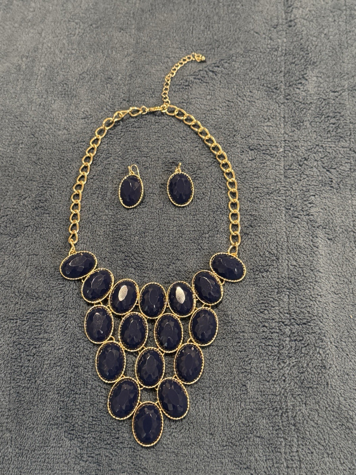 Fashion Bib Necklace Dark Blue and Gold Tones with Matching Earrings NWOT