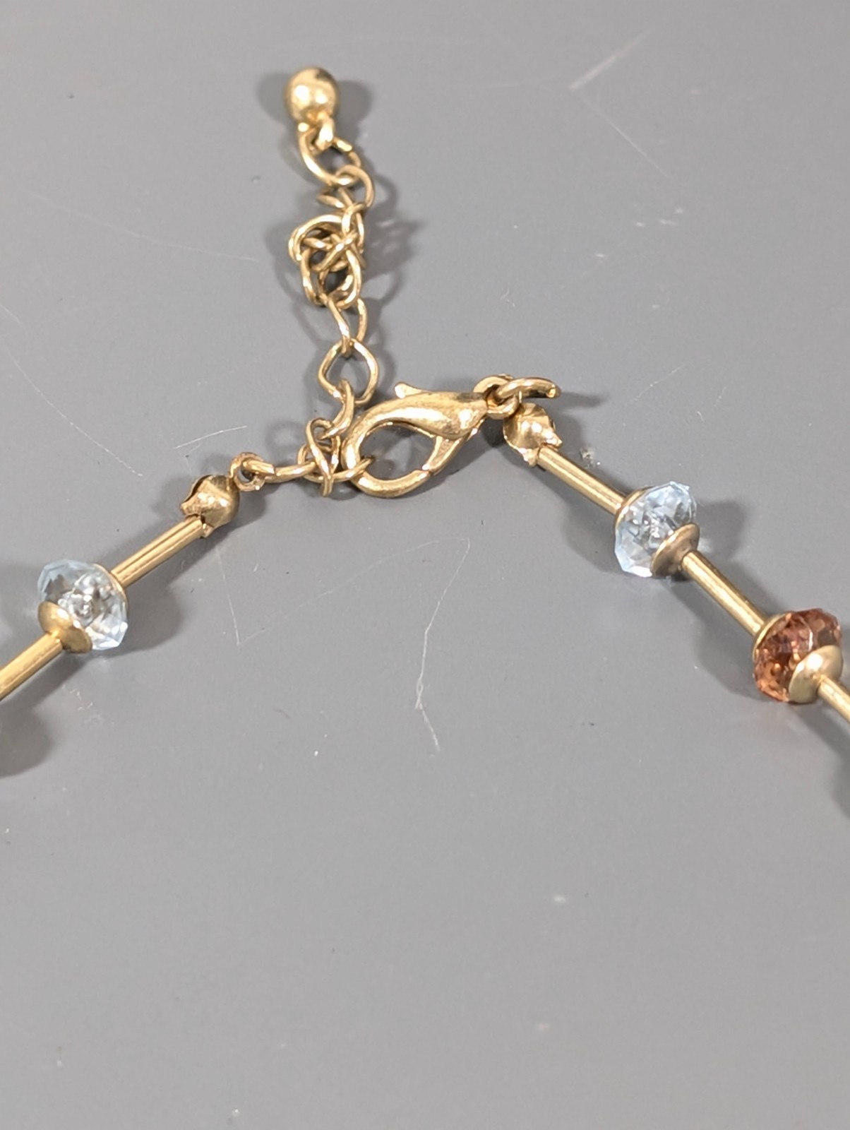 Blue Champagne Beige Bead Dainty Gold Tone Chain Neckalce 17 in