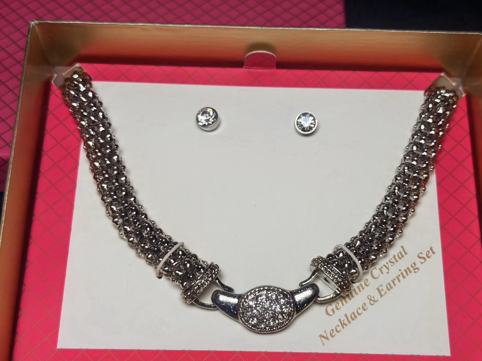 Silver Tone Crystal Necklace Earring Set Rhinestone Toggle Clasp Gift Box NWOT
